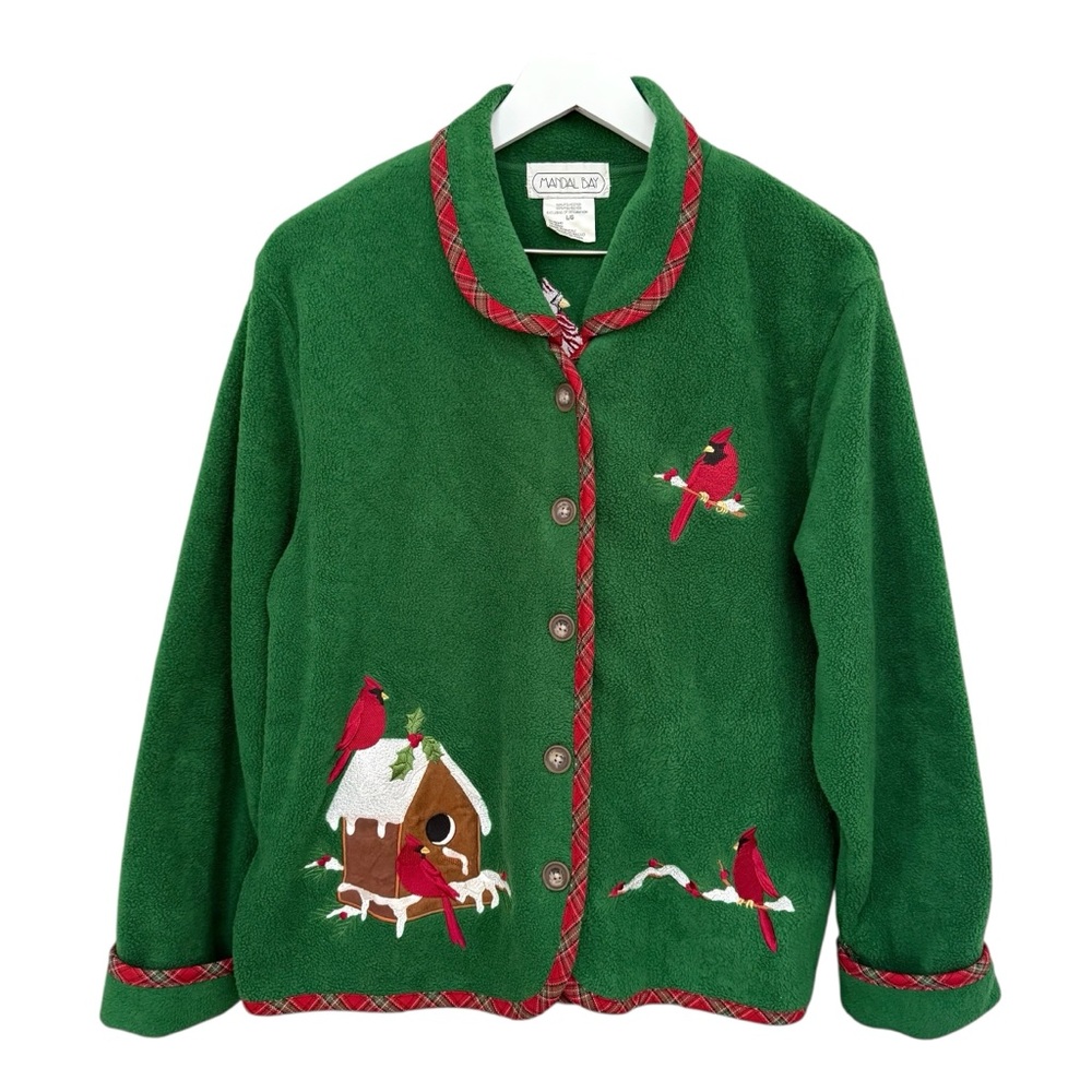 Vtg 90s Green Sweater Cardigan Shacket Cardinal Birdhouse Plaid Festive Large